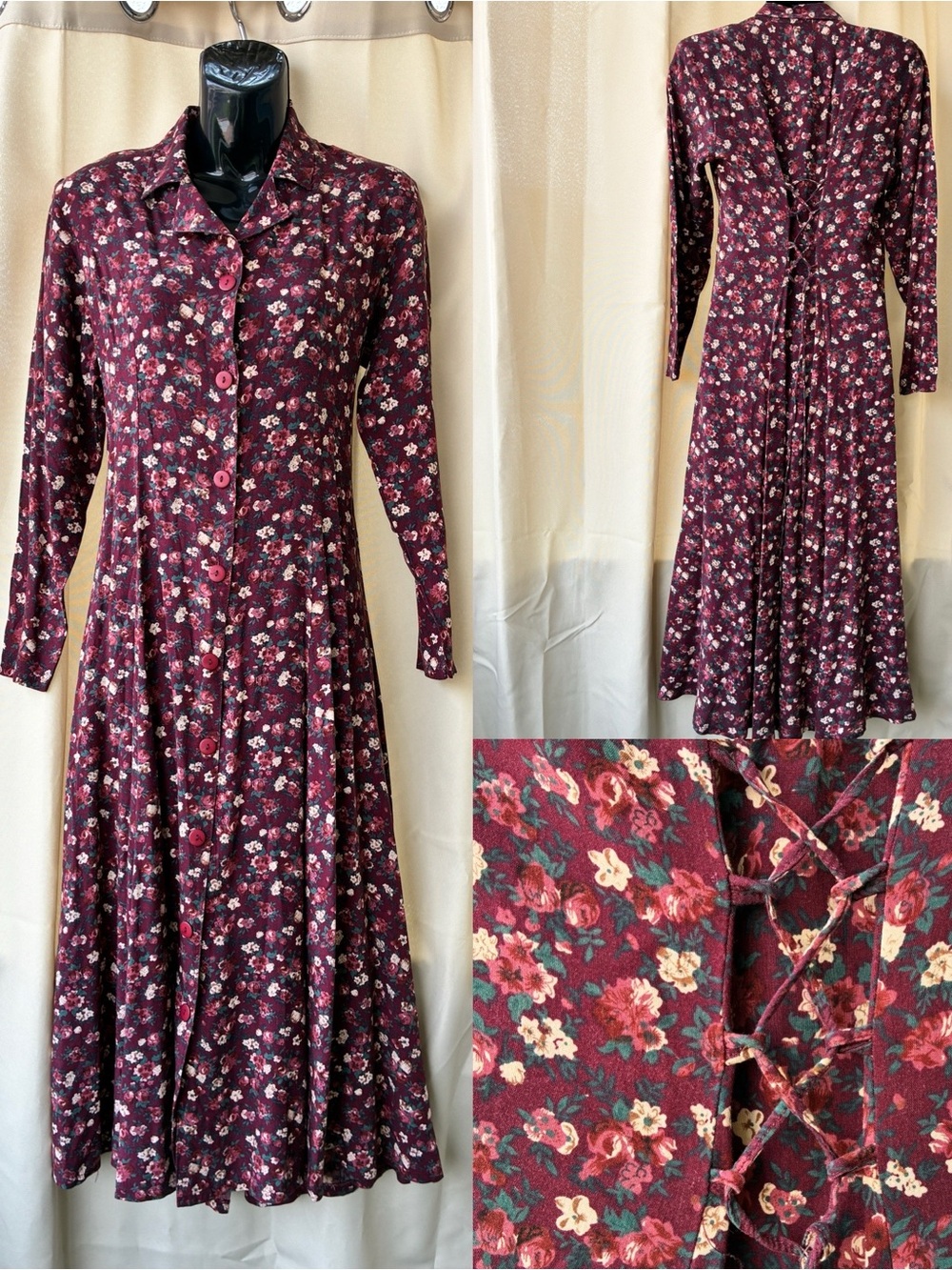 Vintage Bonnie Evans 90s Ditzy Floral Midi Shirt Dress with Corset Back Small